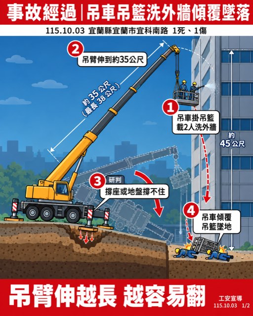 宜蘭科學園區廠辦大樓外牆清洗 吊車傾覆吊籃墜落 1死1傷 1/2 事故經過