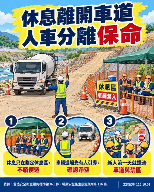 台東太麻里野溪整治工程板模工午休躺臨時便道旁，遭預拌車輾斃 宣導海報