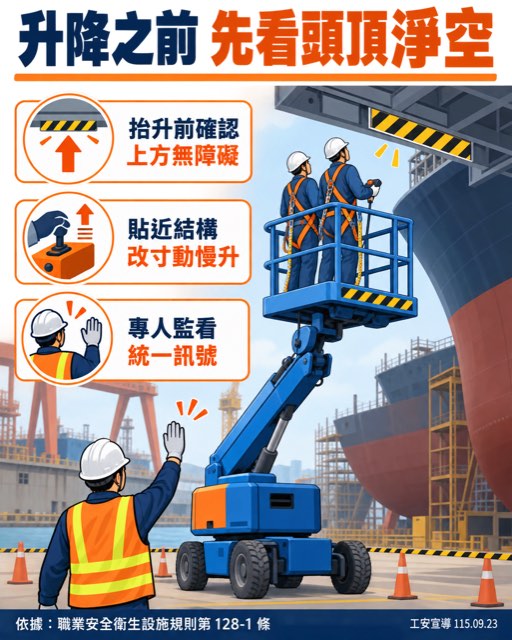 高雄造船廠勞工搭高空工作車撕膜，抬升時頸部遭夾於工作車與船體間身亡 宣導海報