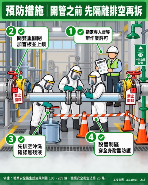 高雄路竹半導體廠化學管路施工 氫氟酸硝酸混合廢液噴濺4人灼傷 2/2 預防措施