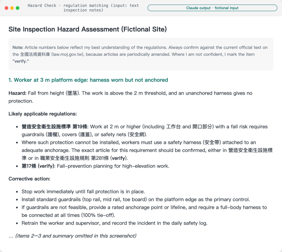 Hazard check output: hazard, applicable regulations with verify flags, corrective actions